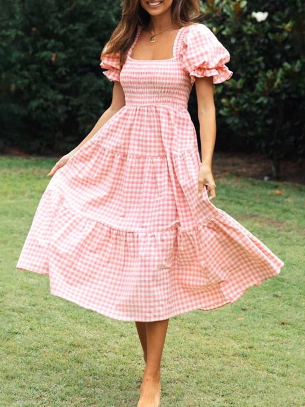 Pink Gingham Square-Neck Midi Dress with Puff Sleeves